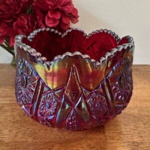 Indiana Glass Heirloom Sunset Ruby Red Carnival Glass Bowl Scalloped Rim Vintage